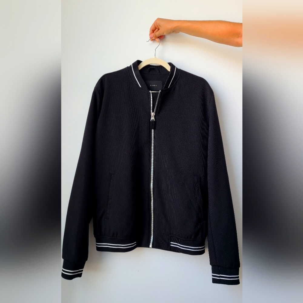 Zara Black Bomber-Style Lightweight Jacket with White Stripe Trim
